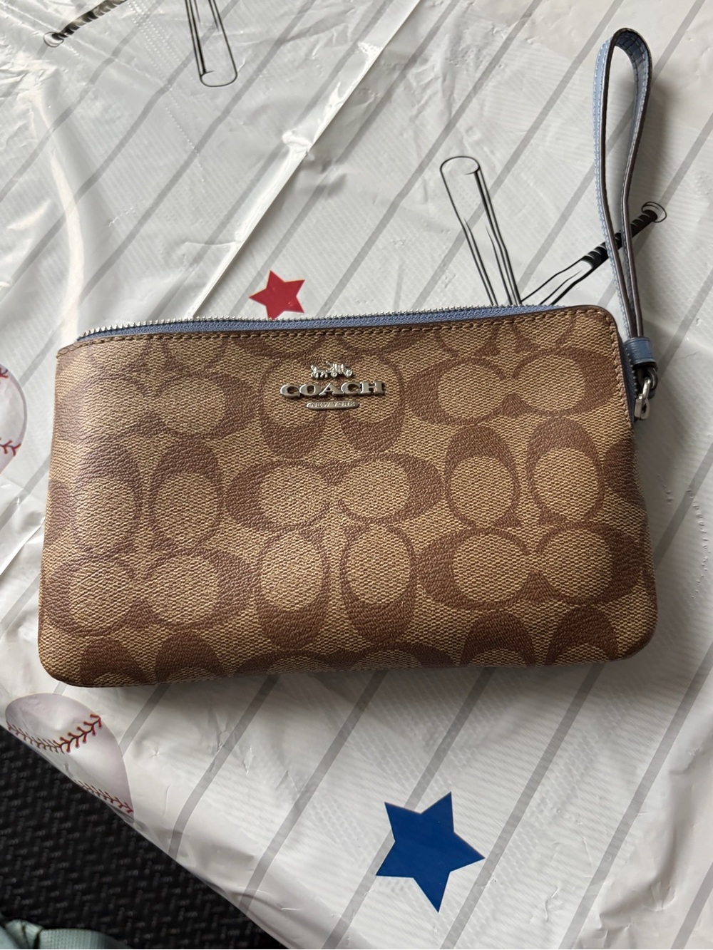Coach Brown Signature Canvas Wristlet with Blue Trim